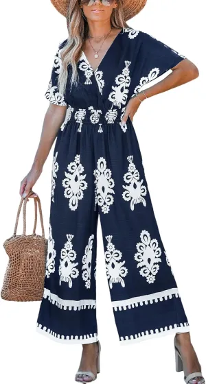 CUPSHE Women Paisley Summer Jumpsuits Beach Vacation V Neck Short Sleeve Smocked High Waist Wid Leg Jumpsuit with Pockets