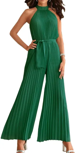 Daily Wear Women Summer Jumpsuits Halter Neck Sleeveless Pleated Wide Leg Jumpsuit Elegant Pants