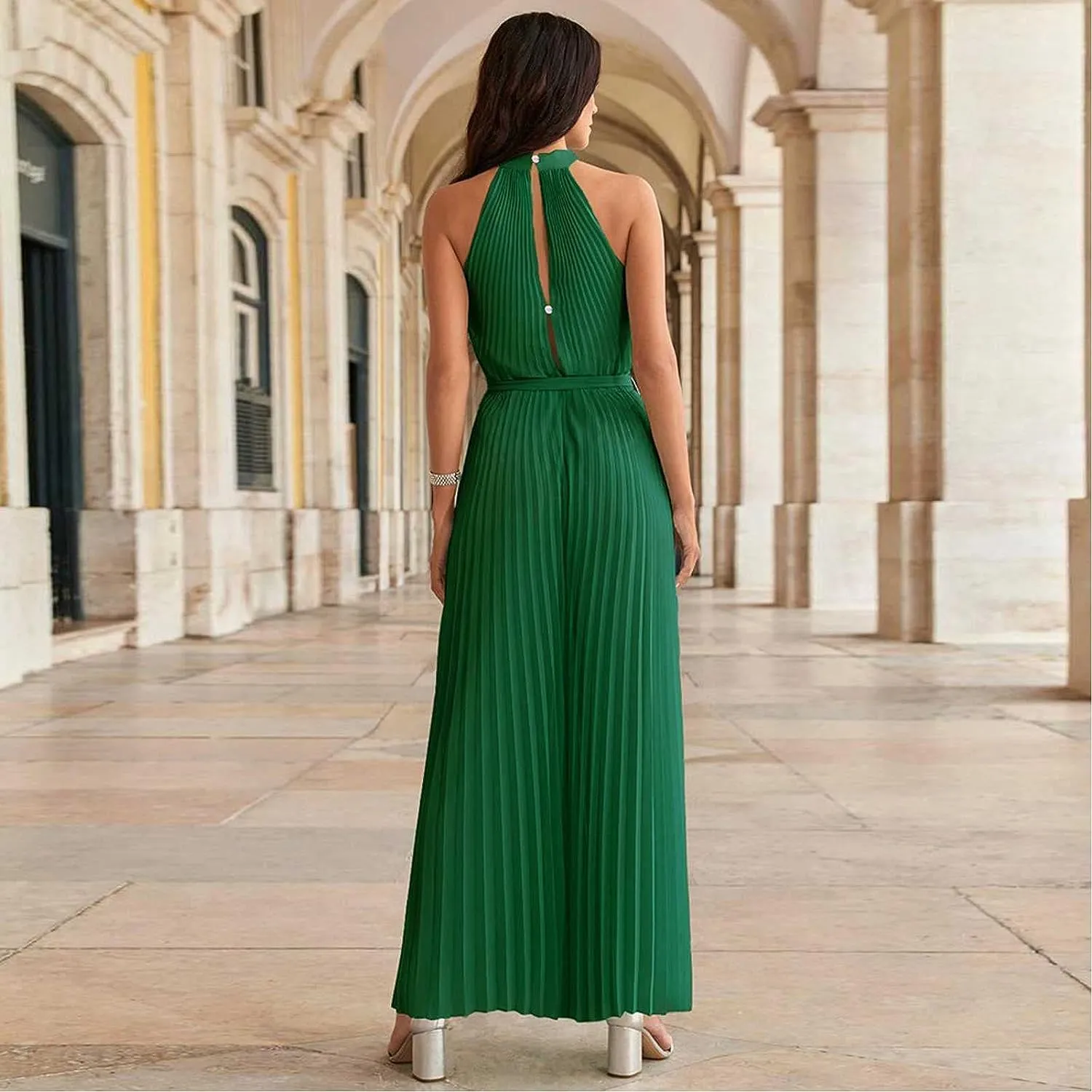 Daily Wear Women Summer Jumpsuits Halter Neck Sleeveless Pleated Wide Leg Jumpsuit Elegant Pants