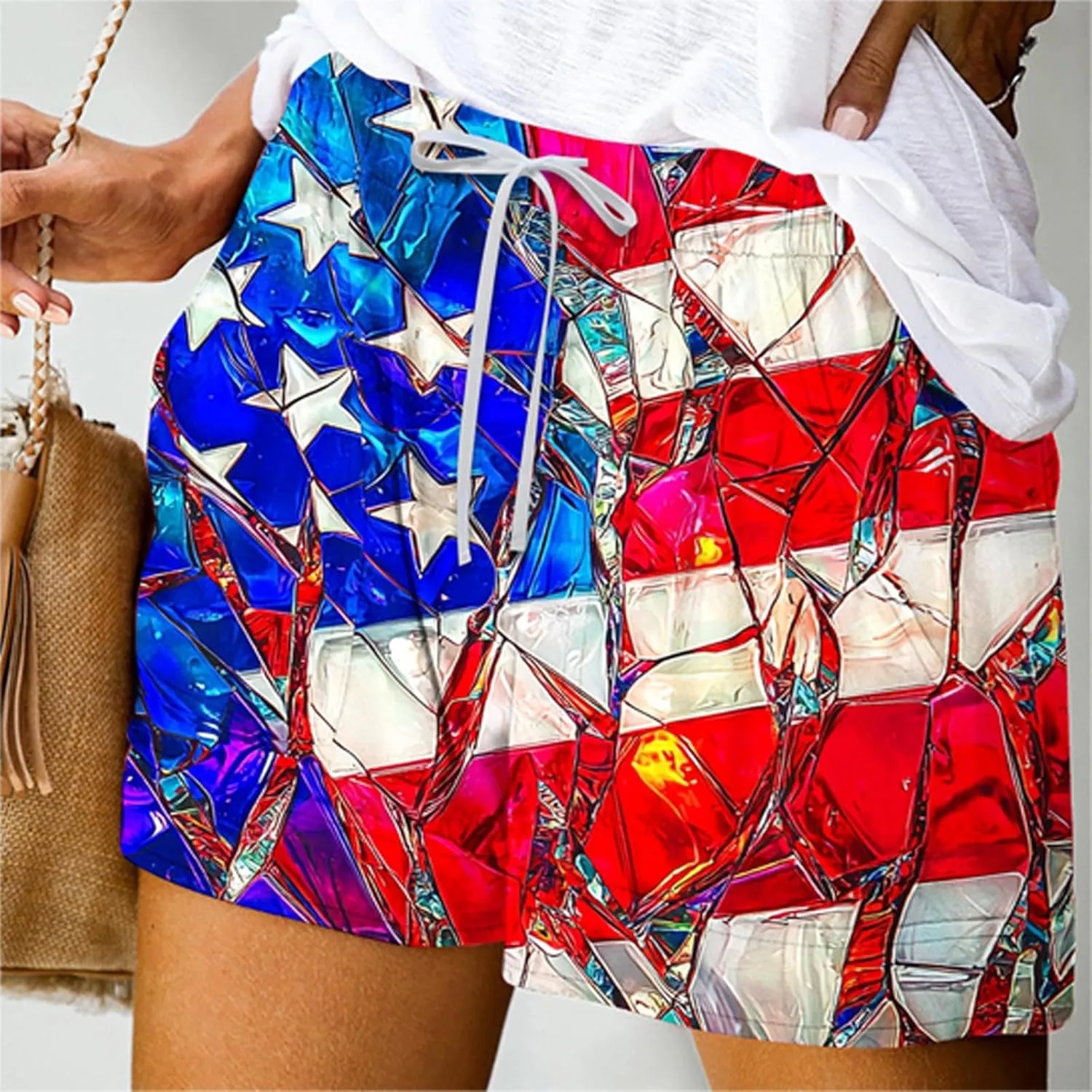DDAPJ pyju American Flag Shorts for Women 2025 Summer Casual Drawstring High Waist Shorts Star Striped 4th of July Outfits
