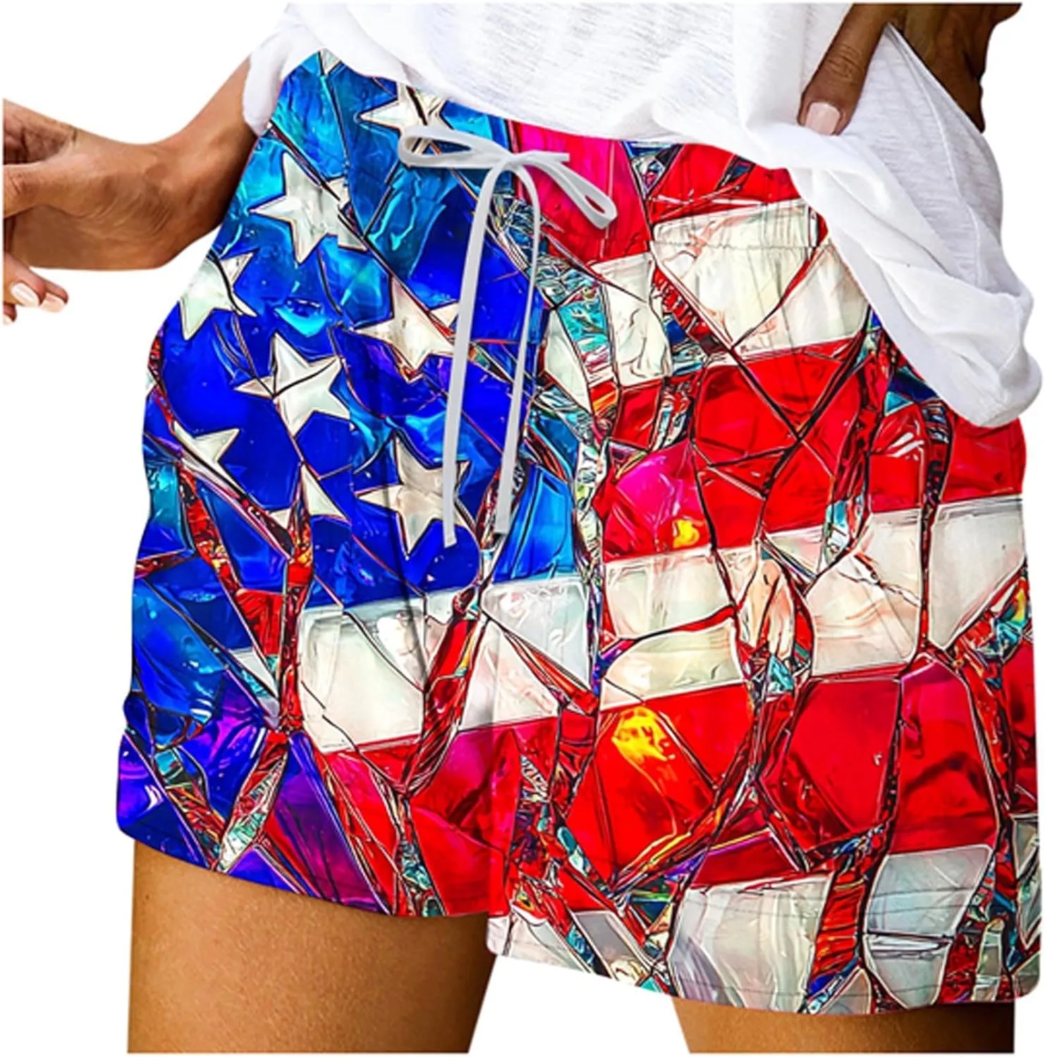 DDAPJ pyju American Flag Shorts for Women 2025 Summer Casual Drawstring High Waist Shorts Star Striped 4th of July Outfits