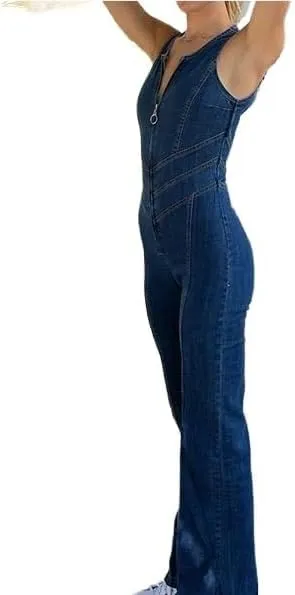 Denim Jumpsuit for Women Sexy V Neck Sleeveless Slim Fit One Piece Denim Jumpsuit Full Length Jeans Rompers Overalls