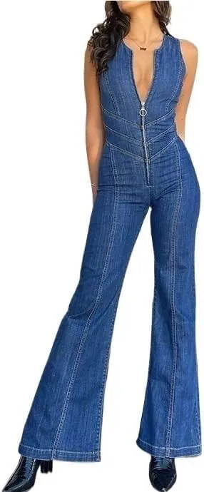 Denim Jumpsuit for Women Sexy V Neck Sleeveless Slim Fit One Piece Denim Jumpsuit Full Length Jeans Rompers Overalls