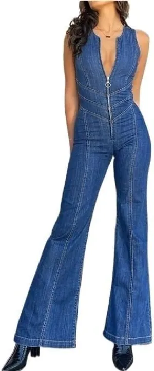 Denim Jumpsuit for Women Sexy V Neck Sleeveless Slim Fit One Piece Denim Jumpsuit Full Length Jeans Rompers Overalls