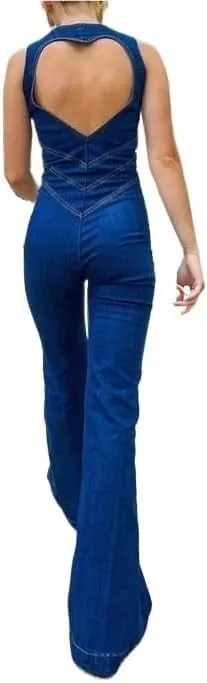 Denim Jumpsuit for Women Sexy V Neck Sleeveless Slim Fit One Piece Denim Jumpsuit Full Length Jeans Rompers Overalls