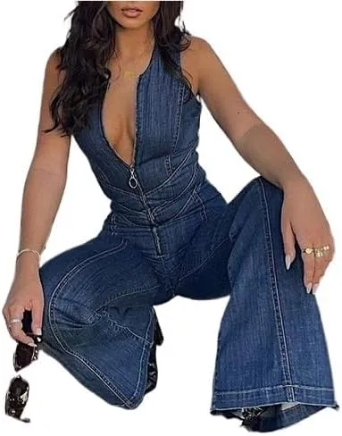 Denim Jumpsuit for Women Sexy V Neck Sleeveless Slim Fit One Piece Denim Jumpsuit Full Length Jeans Rompers Overalls