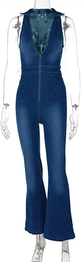 Denim Jumpsuit for Women Wide Leg Jean Rompers Sleeveless V-Neck One Piece Jean Jumpsuits Overalls