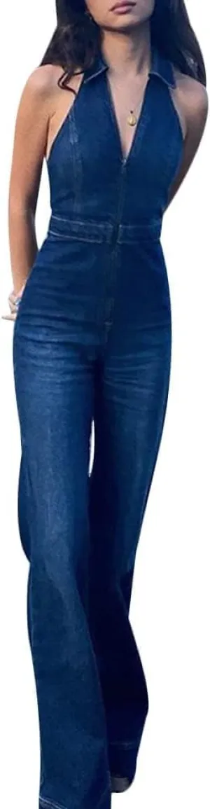 Denim Jumpsuit for Women Wide Leg Jean Rompers Sleeveless V-Neck One Piece Jean Jumpsuits Overalls