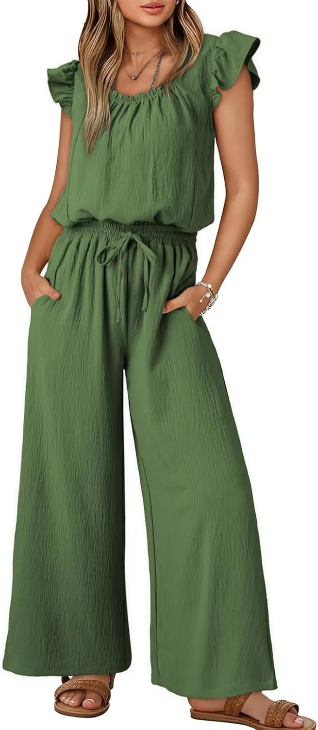 Dokotoo Jumpsuits for Women 2025 Summer Ruffle Sleeves Square Neck Rompers Drawstring Overalls with Pockets