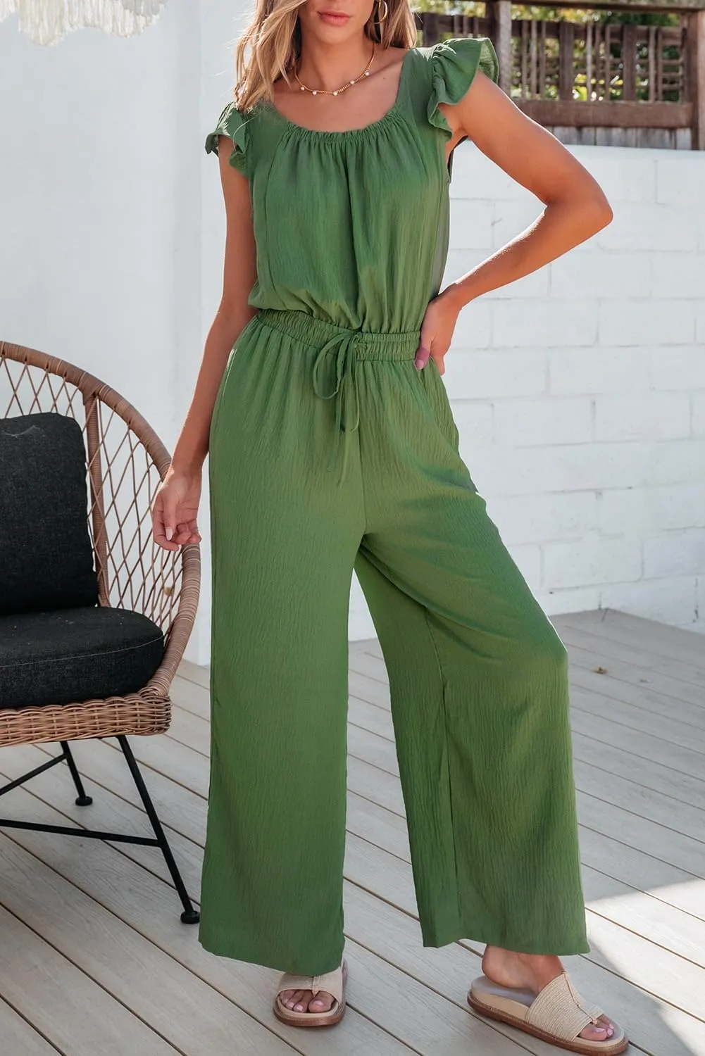 Dokotoo Jumpsuits for Women 2025 Summer Ruffle Sleeves Square Neck Rompers Drawstring Overalls with Pockets