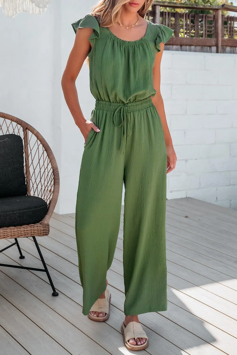Dokotoo Jumpsuits for Women 2025 Summer Ruffle Sleeves Square Neck Rompers Drawstring Overalls with Pockets