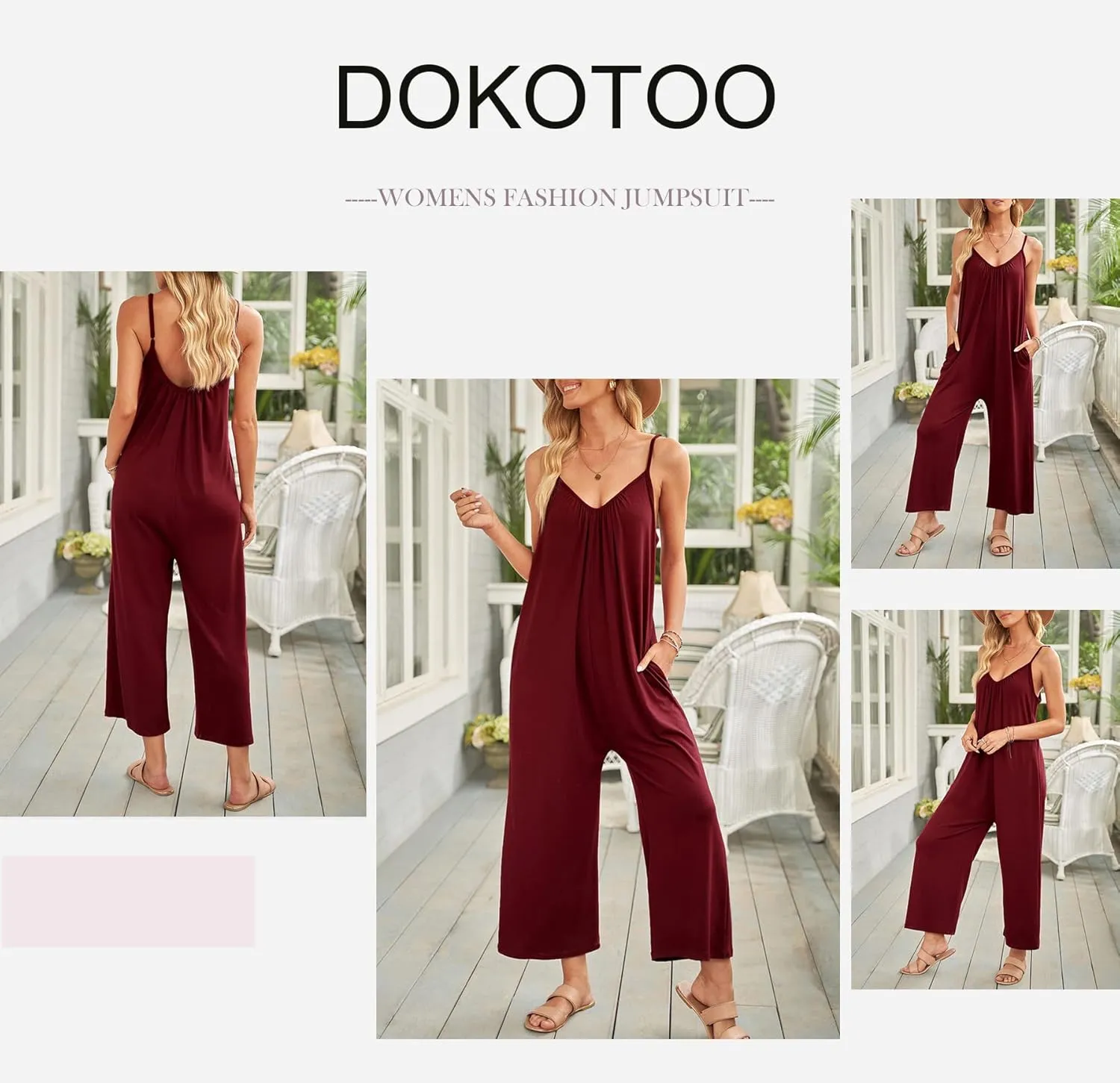 Dokotoo Women's Loose Sleeveless Jumpsuits Adjustable Spaghetti Strap Stretchy Long Pant Romper Jumpsuit with Pockets