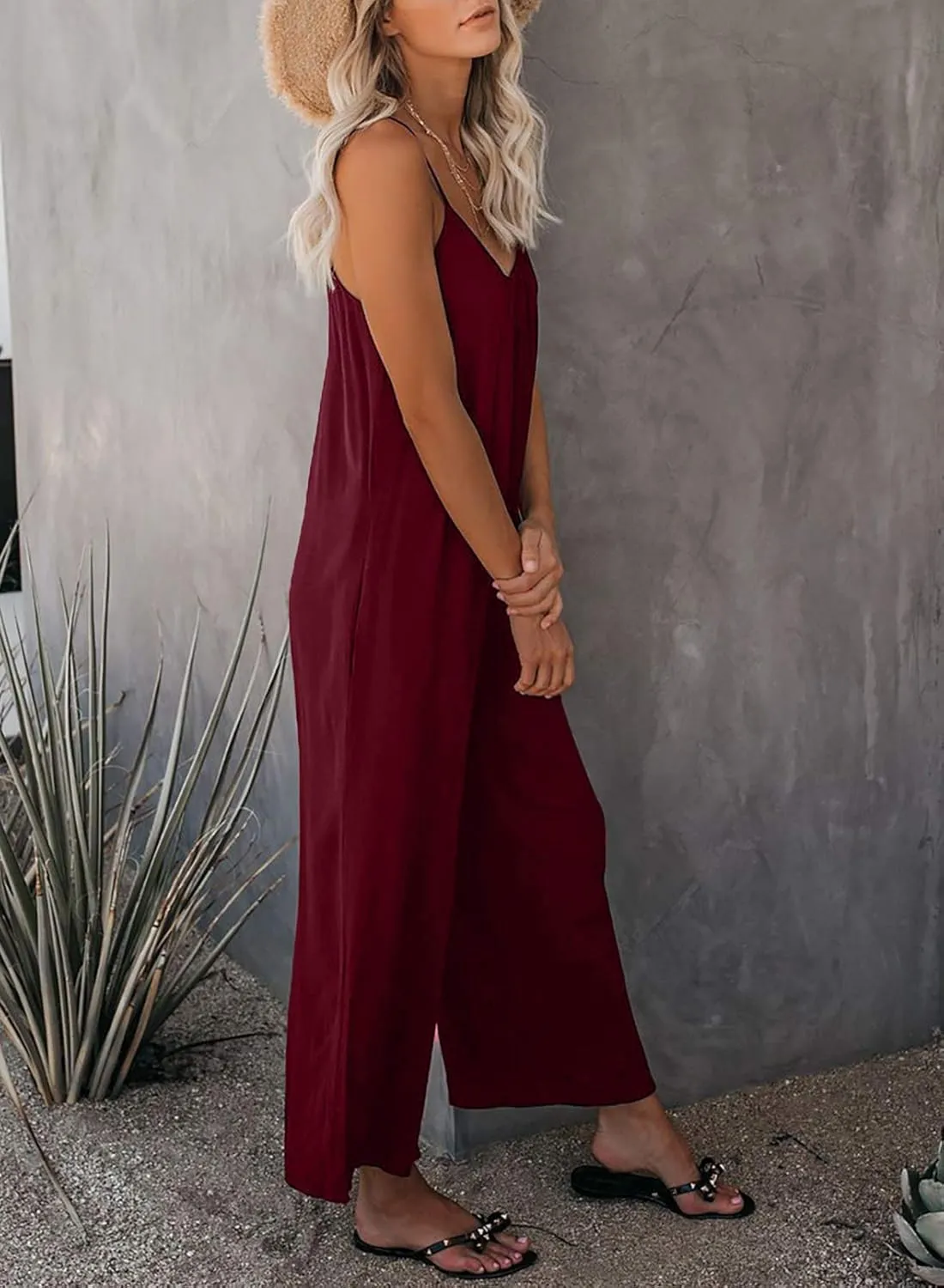 Dokotoo Women's Loose Sleeveless Jumpsuits Adjustable Spaghetti Strap Stretchy Long Pant Romper Jumpsuit with Pockets
