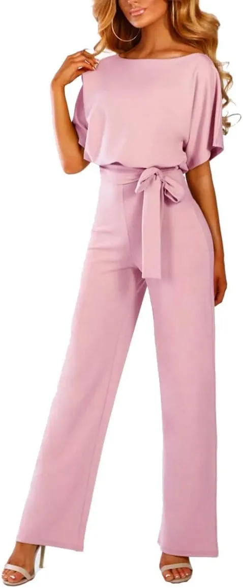 Dreamskull Womens Casual Loose Short Batwing Sleeve Belted Wide Leg Pant Romper Jumpsuits with Belt