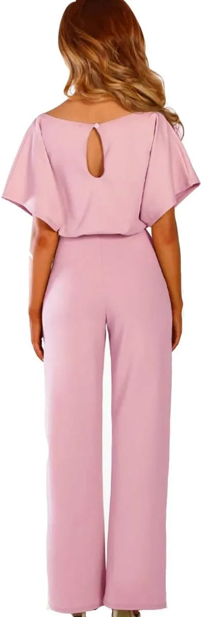 Dreamskull Womens Casual Loose Short Batwing Sleeve Belted Wide Leg Pant Romper Jumpsuits with Belt