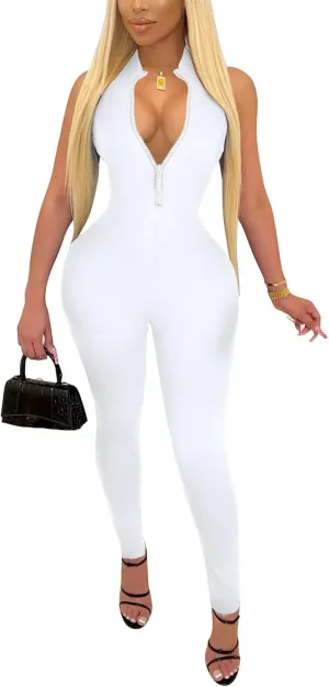 ECHOINE Sexy Jumpsuits for Women Long Sleeve V Neck Zipper Casual One Piece Rompers Bodycon Outfits