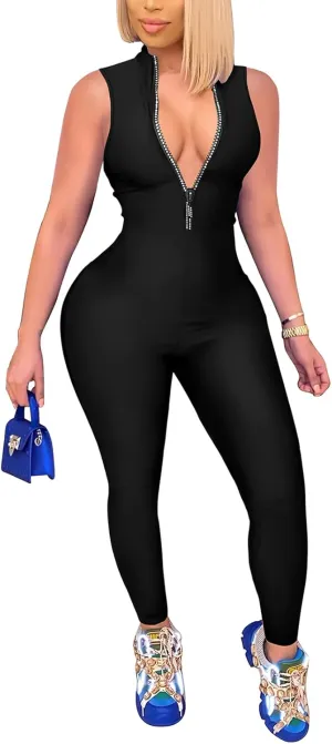 ECHOINE Sexy Jumpsuits for Women Long Sleeve V Neck Zipper Casual One Piece Rompers Bodycon Outfits