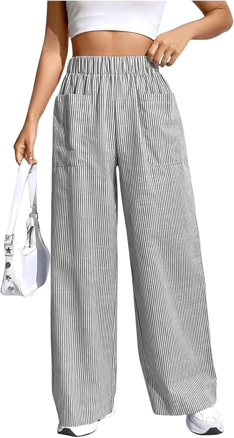 Floerns Women's Striped Print Elastic High Waist Pocket Front Wide Leg Pants