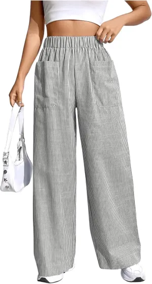 Floerns Women's Striped Print Elastic High Waist Pocket Front Wide Leg Pants
