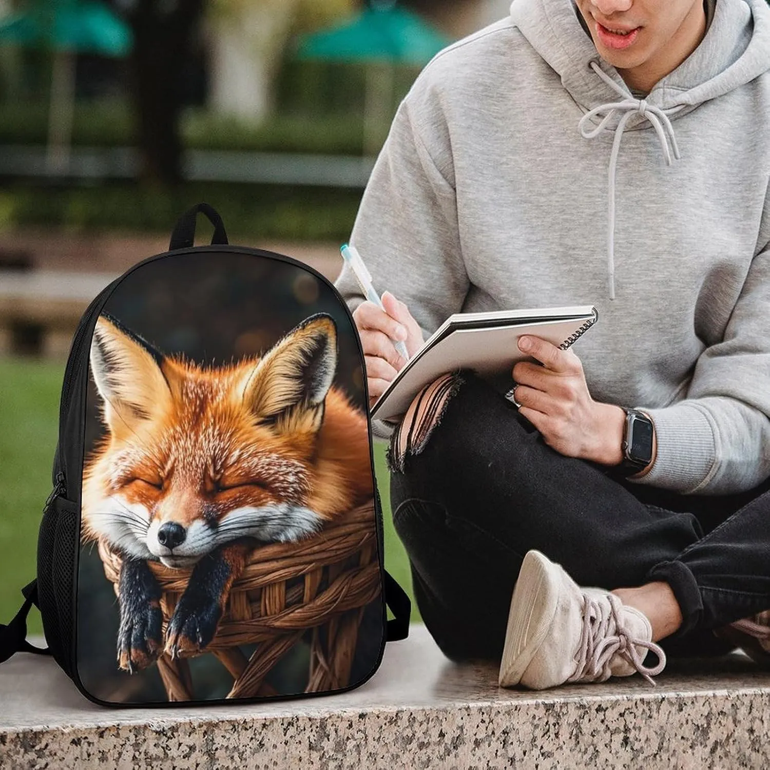 Funny Fox Creature Sleeping Backpack, Laptop Backpack for Men, 17 Inch Travel Hiking Daypack, Casual Backpack