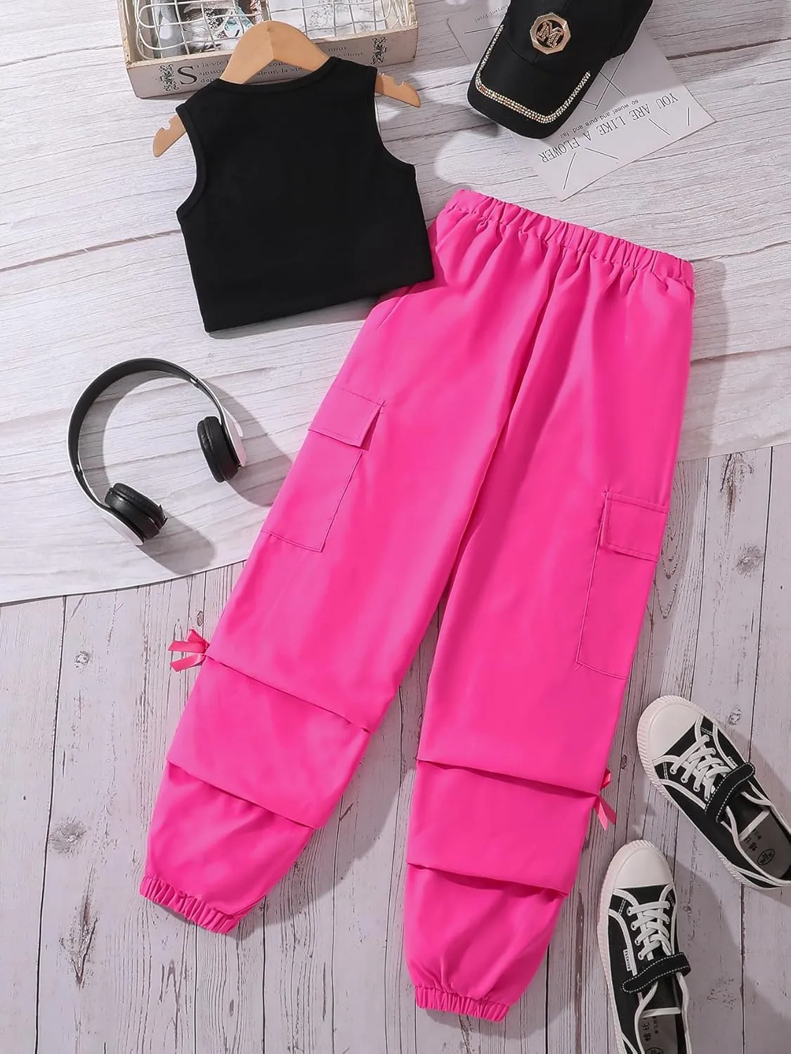 Girls' Summer 2 Piece Outfits Sleeveless Cropped Tank Top and Cargo Pants Set