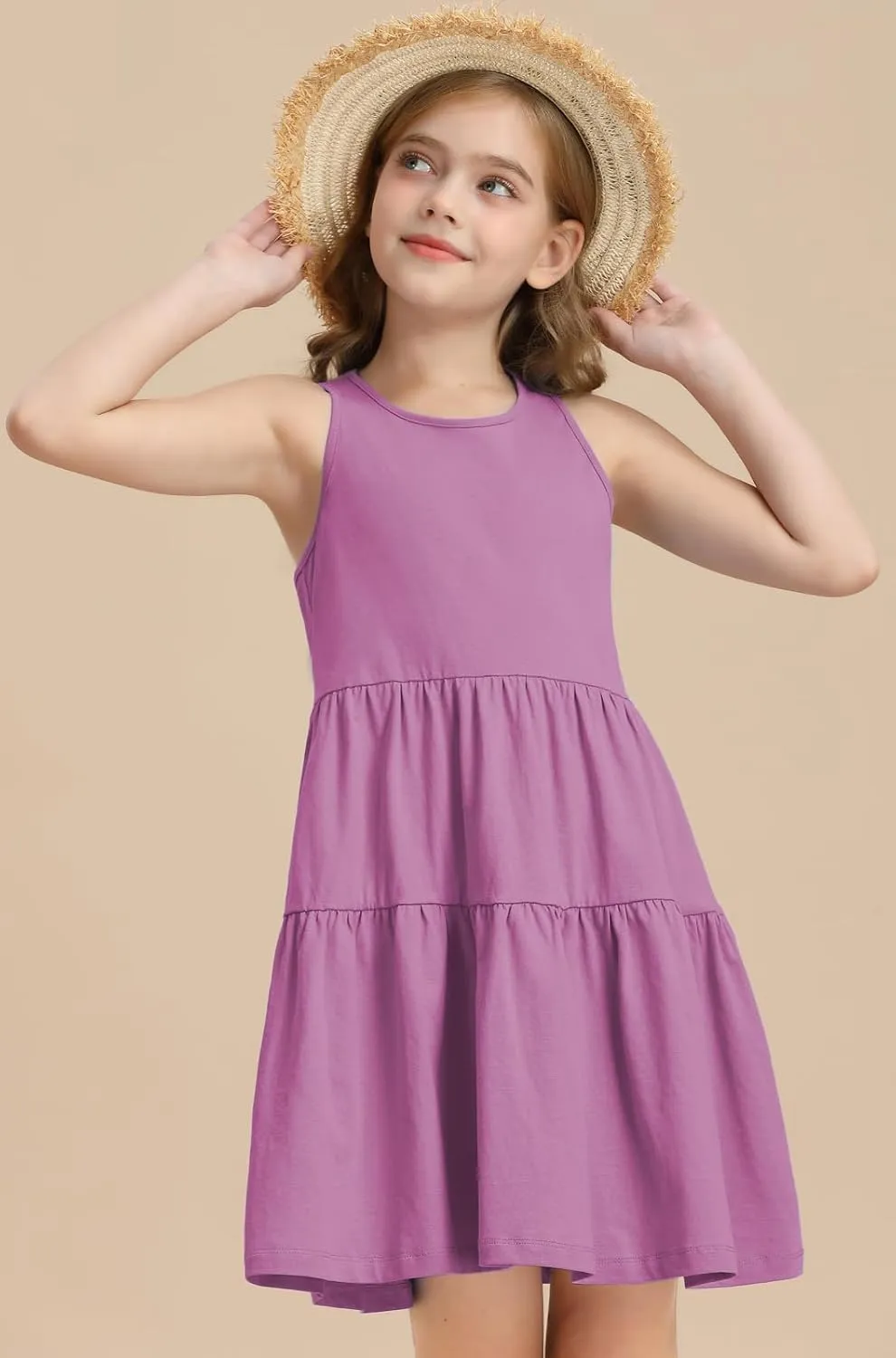 Girls Summer Midi Dress Sleeveless Back Detailed Tiered Sundress Vacation Beach 5-10 Years