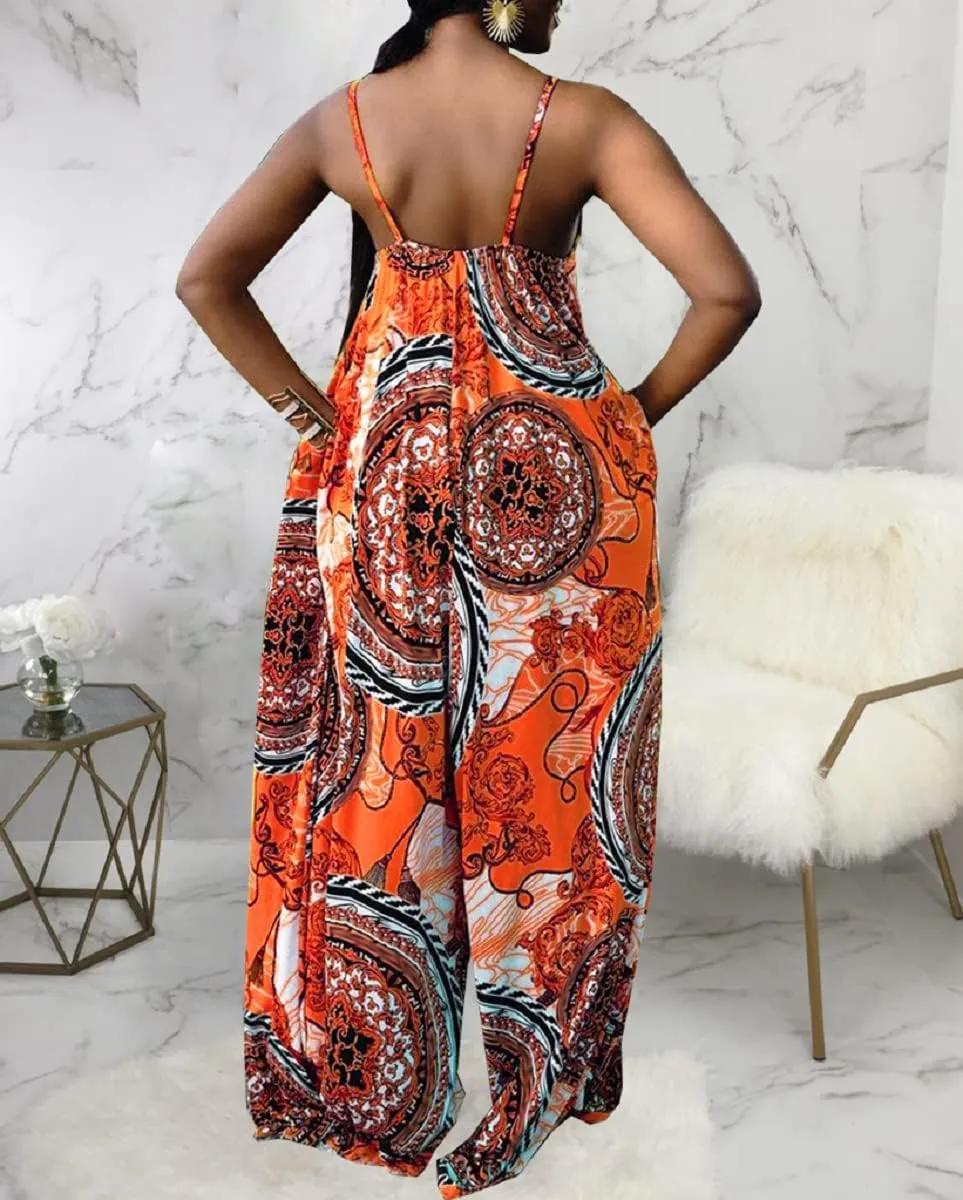Glozeplus Sexy Jumpsuits for Women Dressy Wide Leg Floral Print Long Pants Sleeveless Rompers Jumpsuit with Pocket
