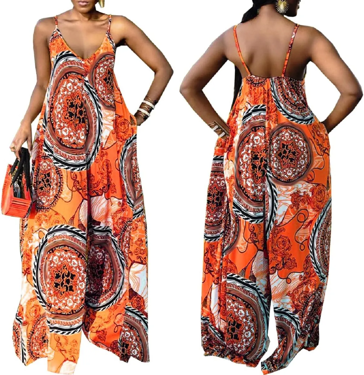 Glozeplus Sexy Jumpsuits for Women Dressy Wide Leg Floral Print Long Pants Sleeveless Rompers Jumpsuit with Pocket