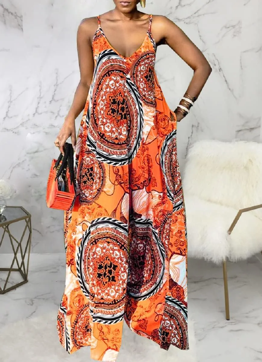 Glozeplus Sexy Jumpsuits for Women Dressy Wide Leg Floral Print Long Pants Sleeveless Rompers Jumpsuit with Pocket