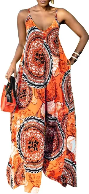 Glozeplus Sexy Jumpsuits for Women Dressy Wide Leg Floral Print Long Pants Sleeveless Rompers Jumpsuit with Pocket