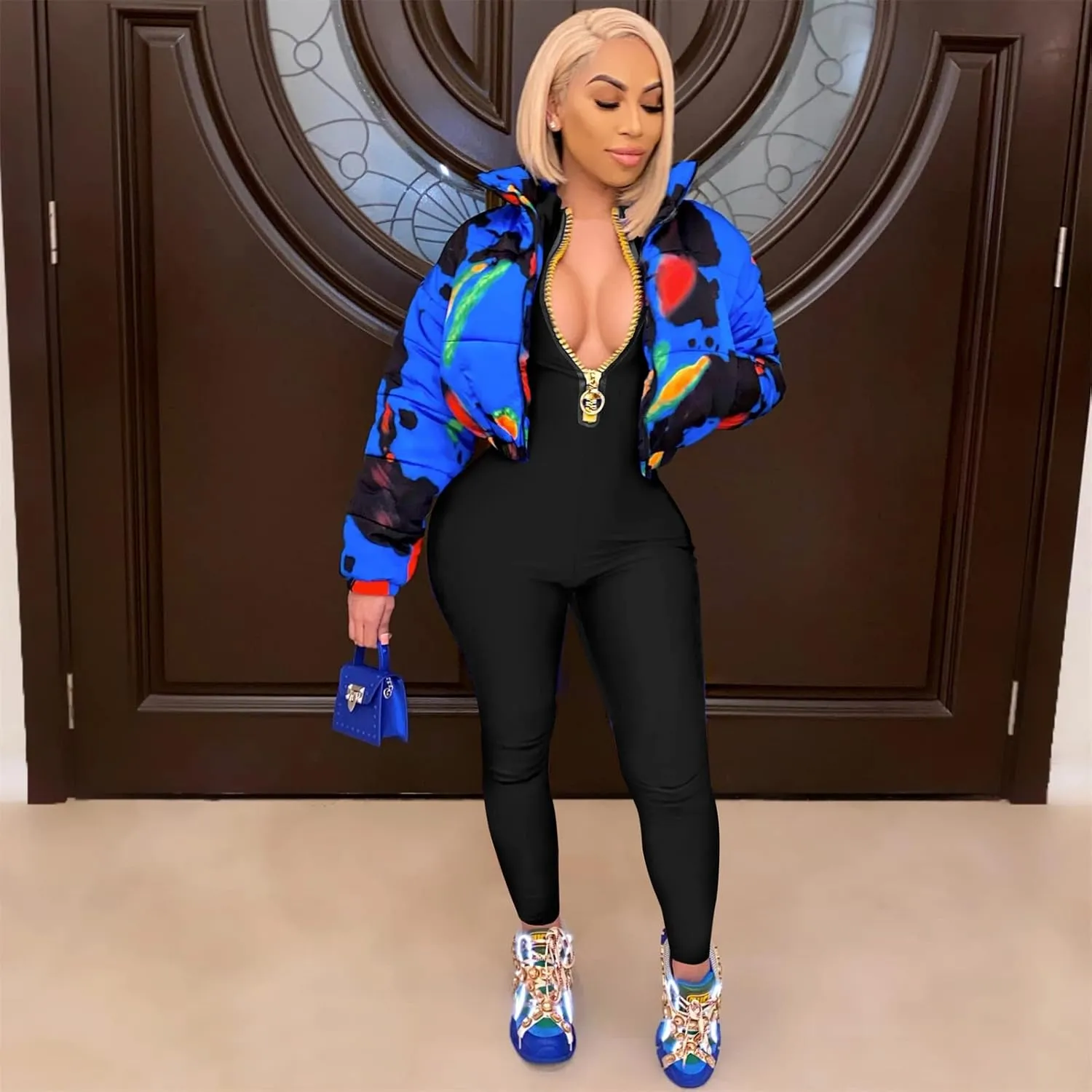 Hafailia Jumpsuits for Women Sexy Bodycon Long Sleeve V Neck Rich Hold Zipper One Piece Outfits