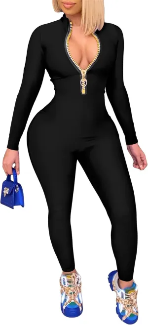 Hafailia Jumpsuits for Women Sexy Bodycon Long Sleeve V Neck Rich Hold Zipper One Piece Outfits