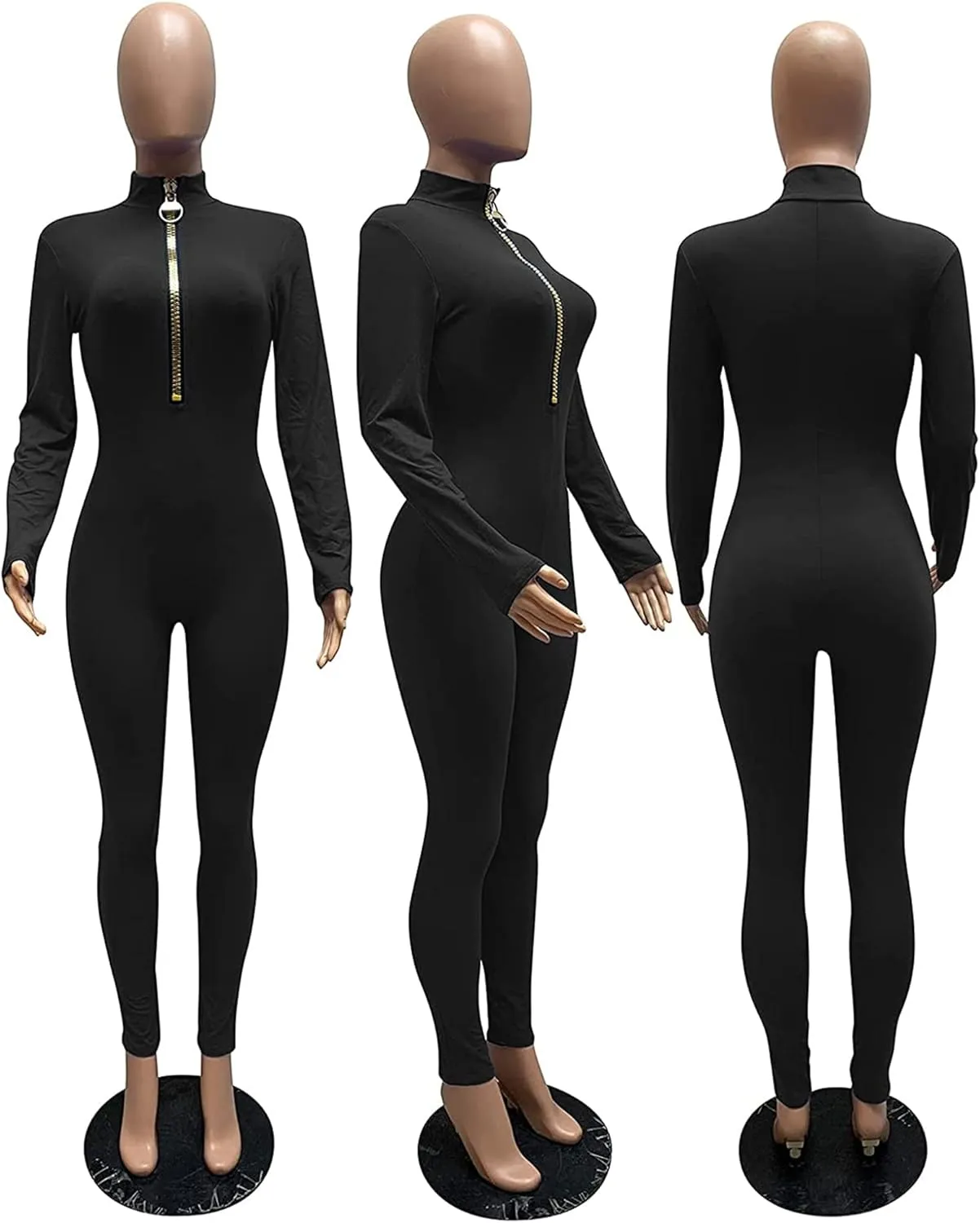 Hafailia Jumpsuits for Women Sexy Bodycon Long Sleeve V Neck Rich Hold Zipper One Piece Outfits