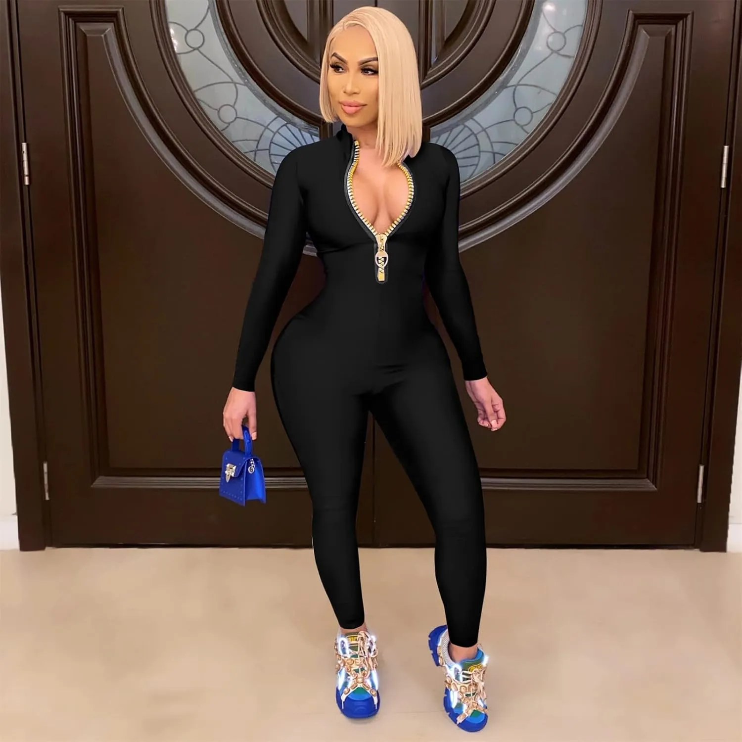Hafailia Jumpsuits for Women Sexy Bodycon Long Sleeve V Neck Rich Hold Zipper One Piece Outfits
