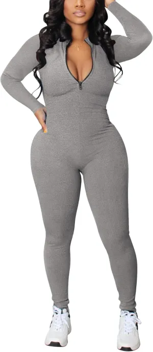 Hafailia Jumpsuits for Women Sexy Bodycon Long Sleeve V Neck Rich Hold Zipper One Piece Outfits