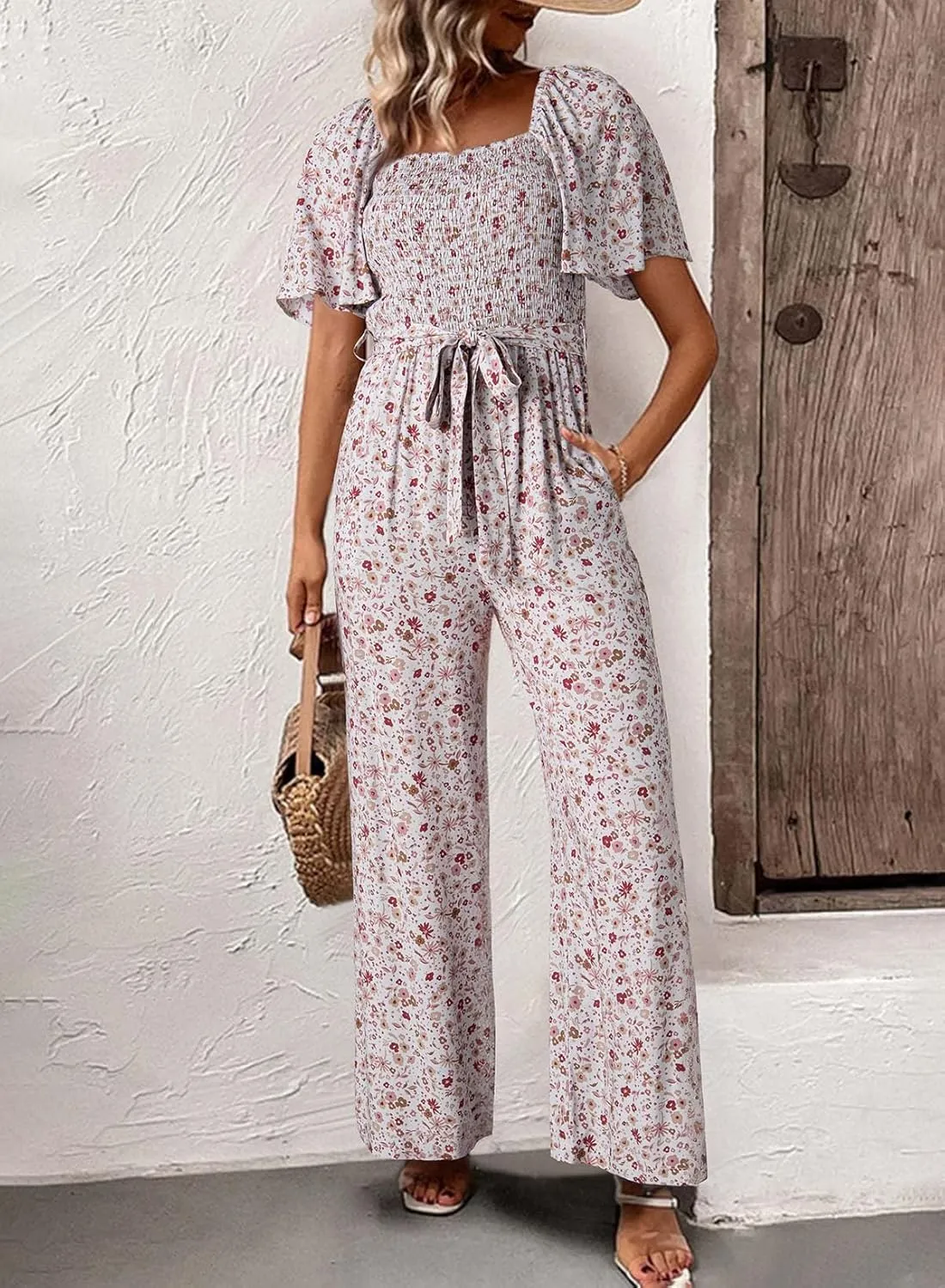 Happy Sailed Womens Summer Jumpsuits Floral Printed Short Sleeve High Waisted Pockets Wide Leg Rompers Beach Vacation Outfits