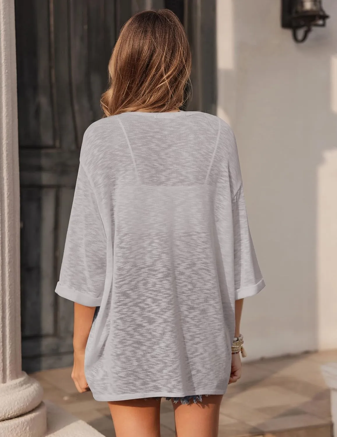 HOTOUCH Womens Lightweight Cardigan Open Front 3/4 Sleeve Casual Loose Fit Beach Cover Up