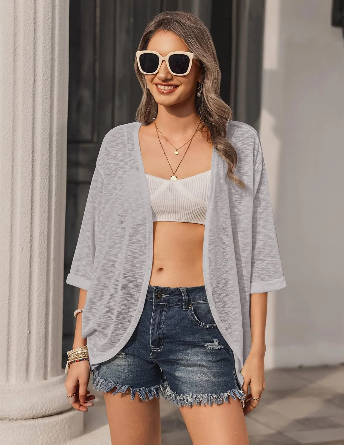 HOTOUCH Womens Lightweight Cardigan Open Front 3/4 Sleeve Casual Loose Fit Beach Cover Up