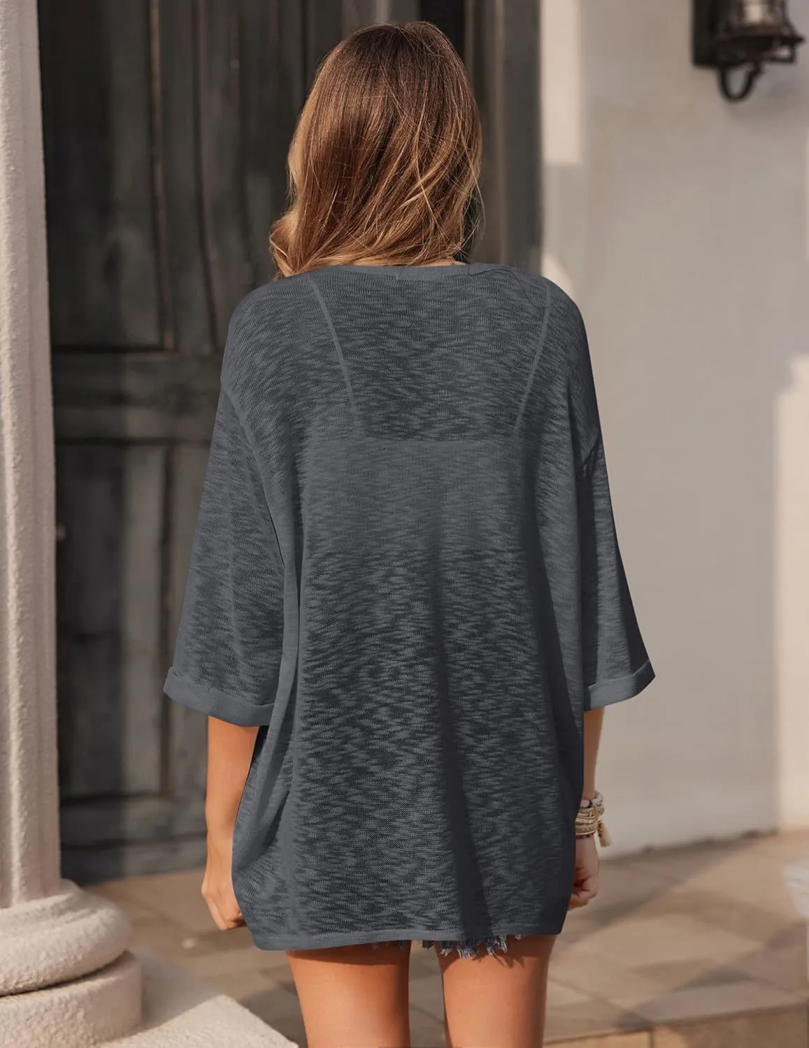 HOTOUCH Womens Lightweight Cardigan Open Front 3/4 Sleeve Casual Loose Fit Beach Cover Up