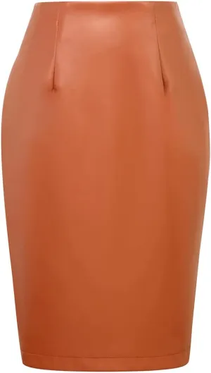 IDEALSANXUN Leather Skirts for Women Midi Length High Waisted Pencil Skirt with Slit