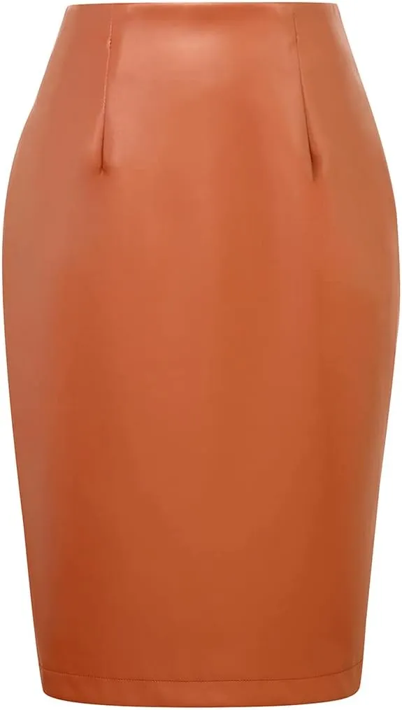 IDEALSANXUN Leather Skirts for Women Midi Length High Waisted Pencil Skirt with Slit