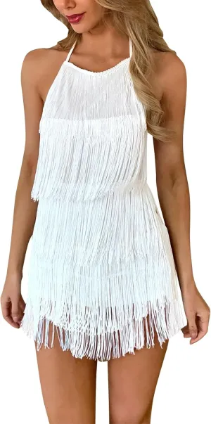 IDOPIP Women Halter Tassel Fringe Romper Dressy Sexy Backless Music Festival Club Party Jumpsuit Sleeveless Tie Back Playsuit