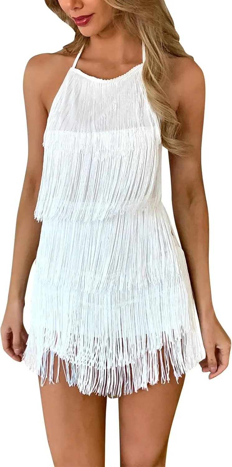 IDOPIP Women Halter Tassel Fringe Romper Dressy Sexy Backless Music Festival Club Party Jumpsuit Sleeveless Tie Back Playsuit