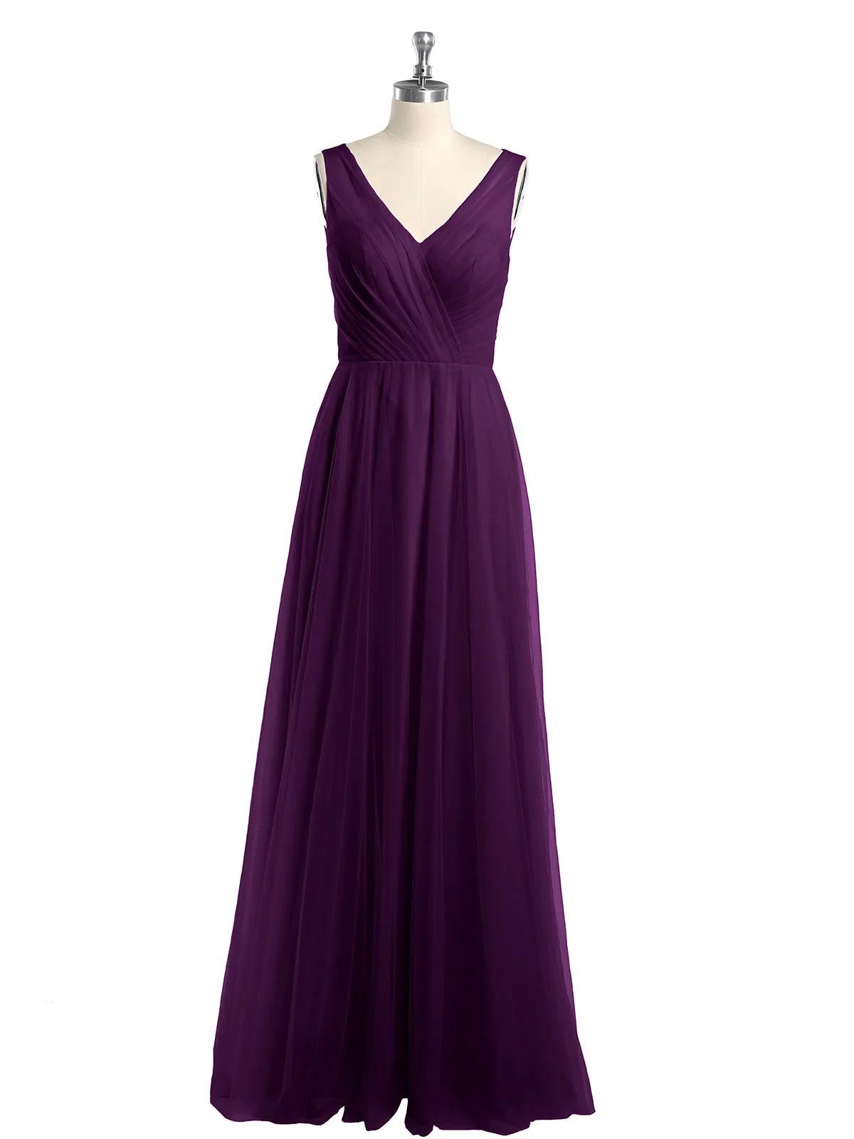 Illusion V-neck Tulle Long Dresses-Grape Plus Size