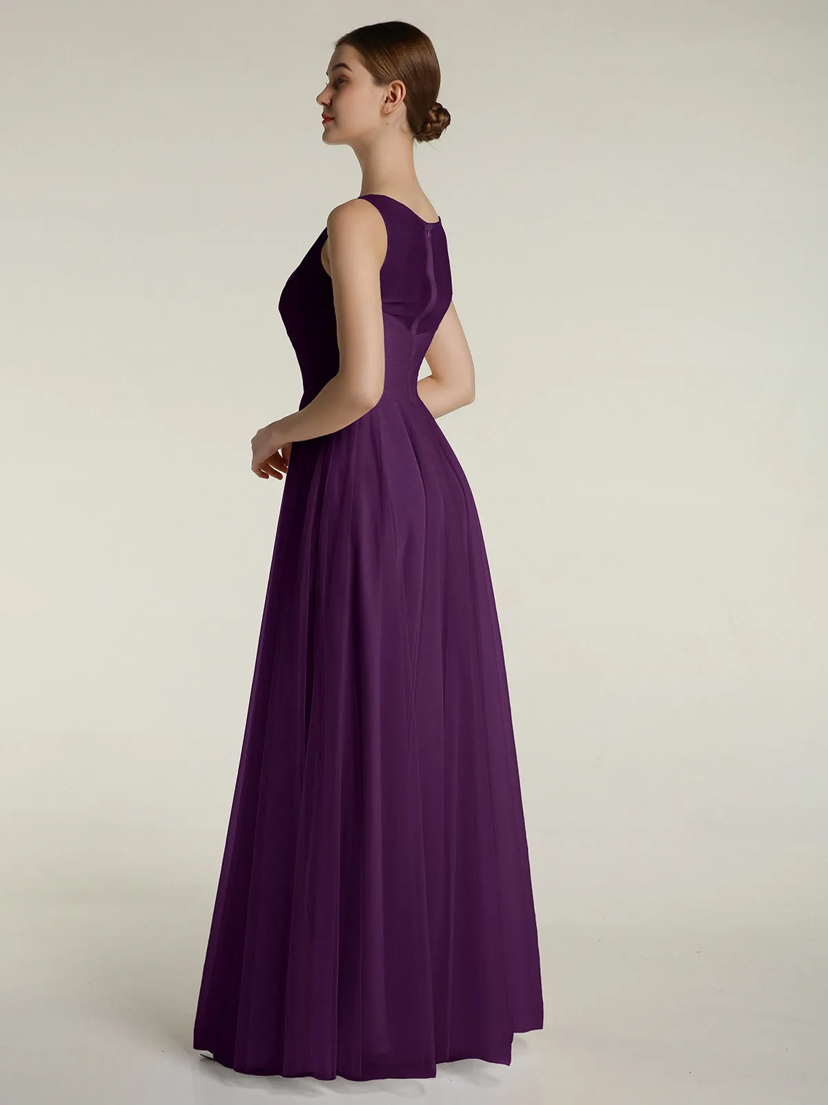 Illusion V-neck Tulle Long Dresses-Grape Plus Size