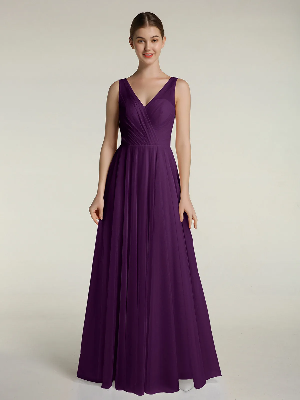 Illusion V-neck Tulle Long Dresses-Grape Plus Size