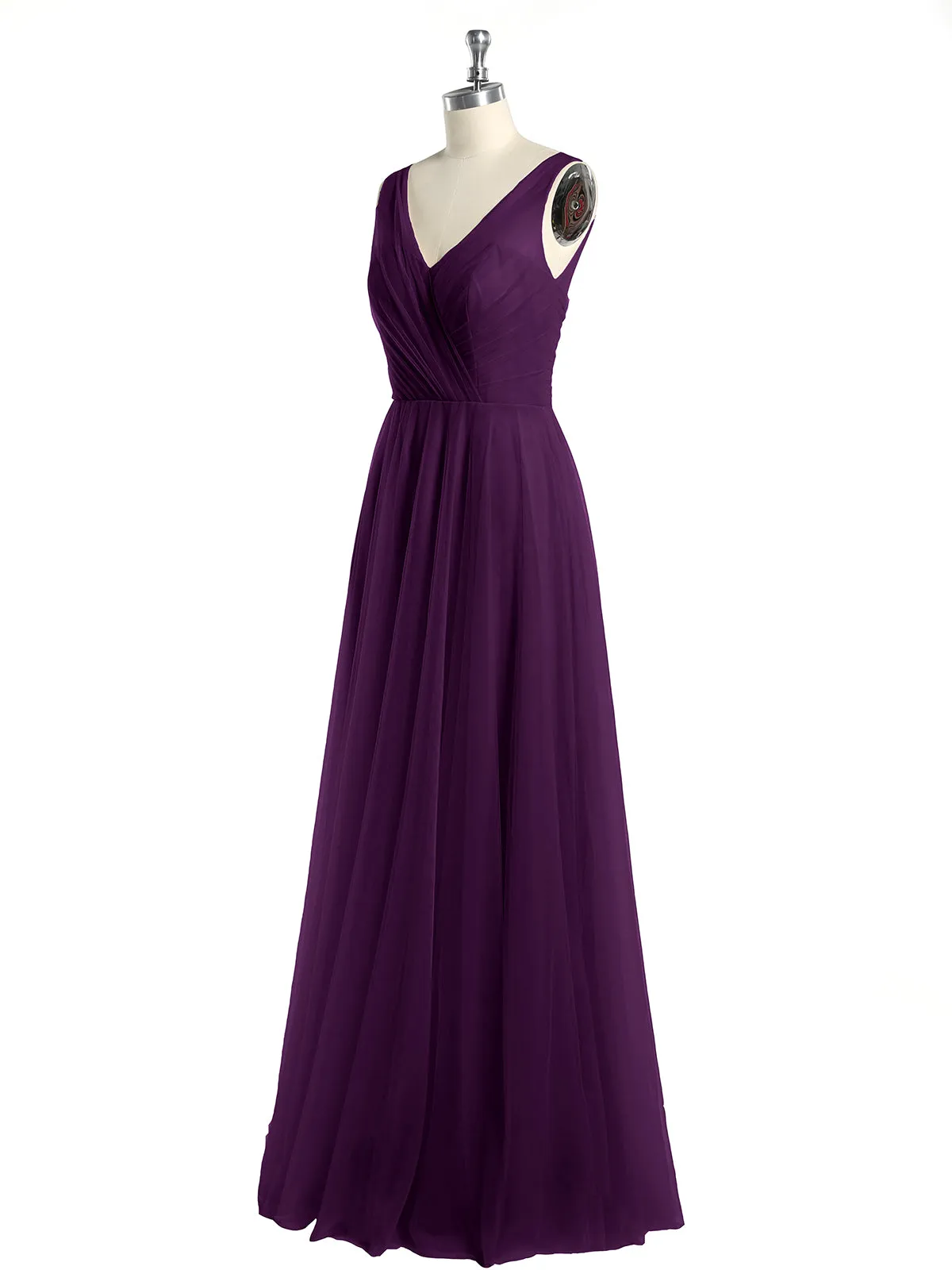 Illusion V-neck Tulle Long Dresses-Grape Plus Size