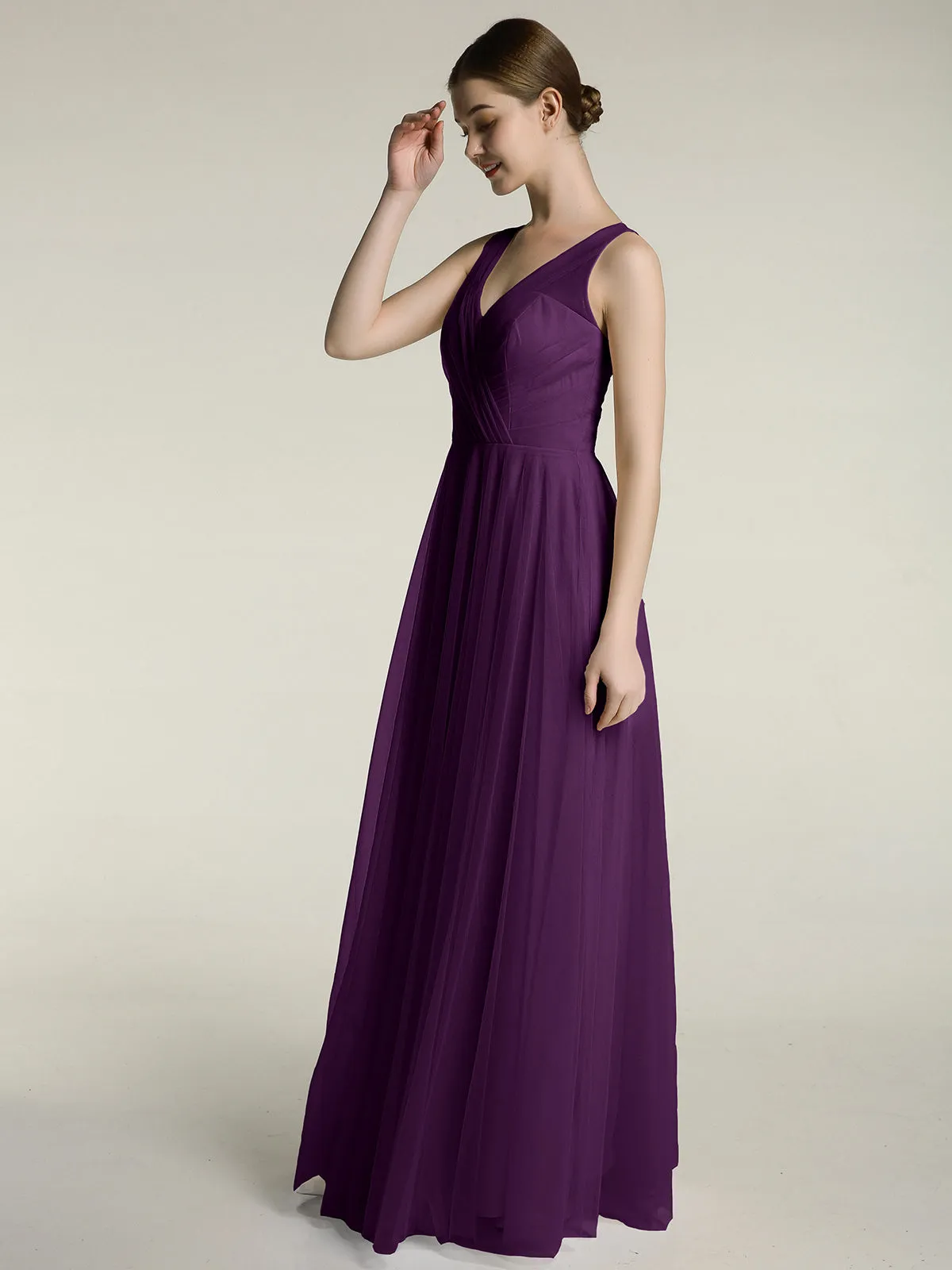 Illusion V-neck Tulle Long Dresses-Grape Plus Size