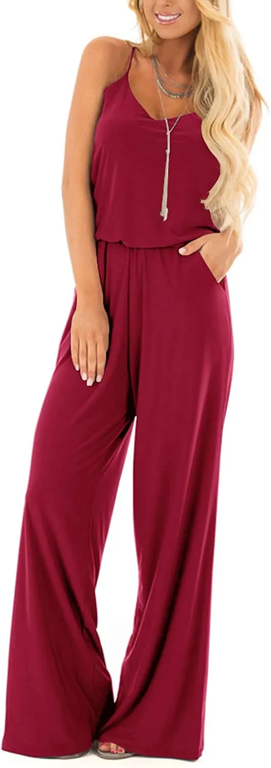 INFITTY Women's Summer Sleeveless Spaghetti Strap Sexy Jumpsuit Rompers Wide Leg Pants Suit