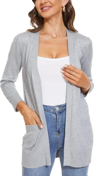 INKOFF Women's 3/4 Sleeve Cardigan Sweater Open Front Knit with Pockets Rib Hem Casual S-XXL